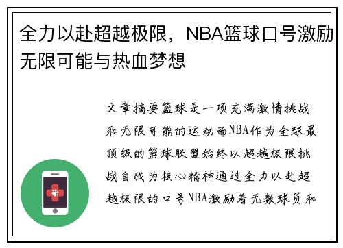 全力以赴超越极限，NBA篮球口号激励无限可能与热血梦想
