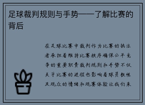 足球裁判规则与手势——了解比赛的背后