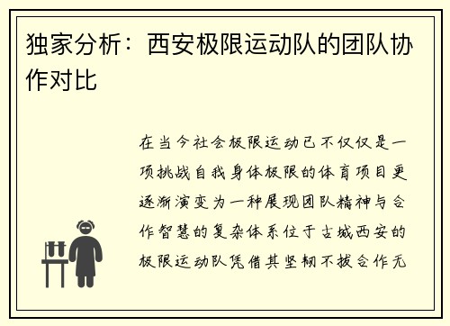 独家分析：西安极限运动队的团队协作对比