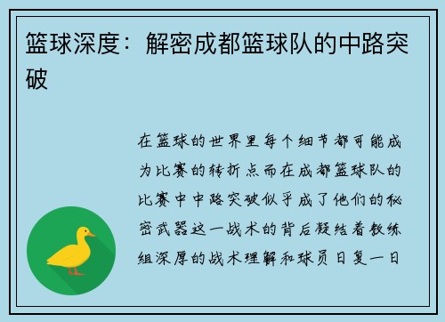 篮球深度：解密成都篮球队的中路突破