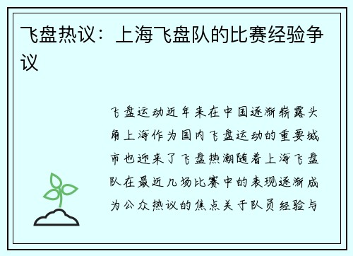 飞盘热议：上海飞盘队的比赛经验争议
